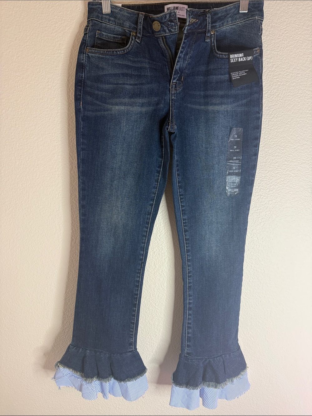 William Rast Dark Indigo Cropped Jeans with Ruffle & Striped Hem